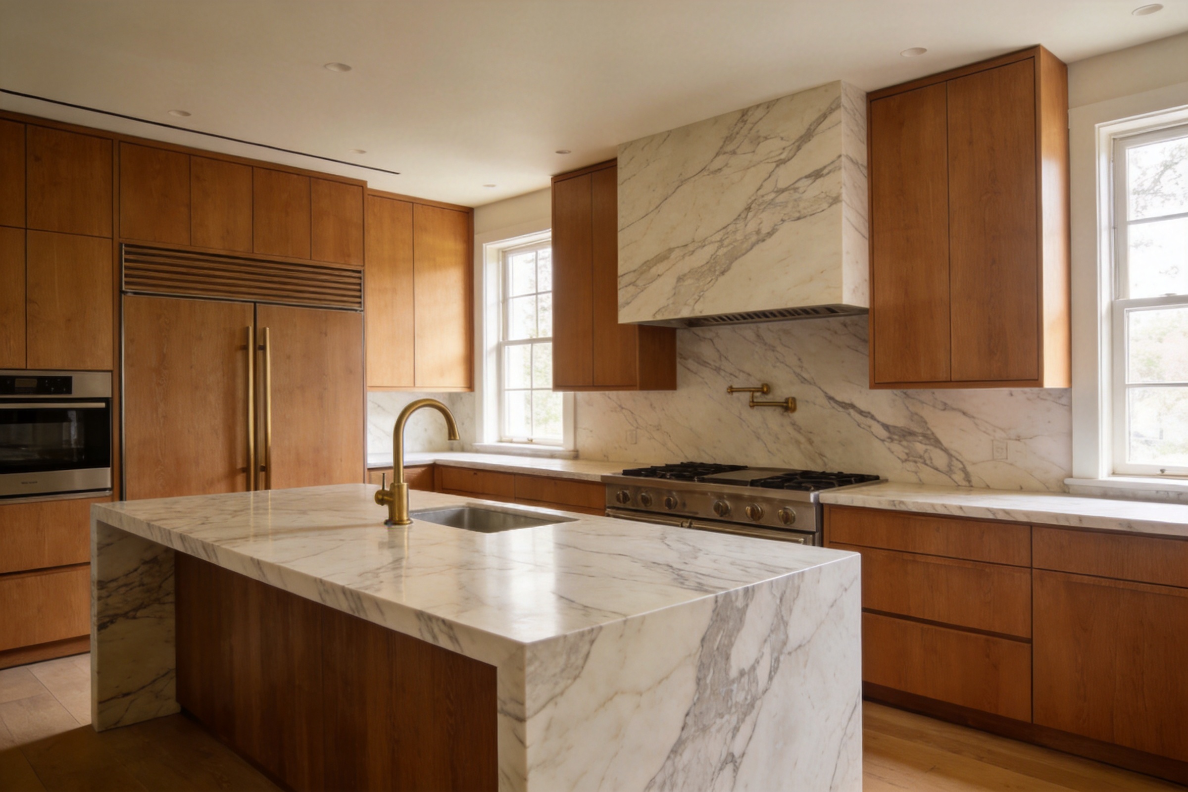 Luxury natural marble kitchen island in modern residential interior